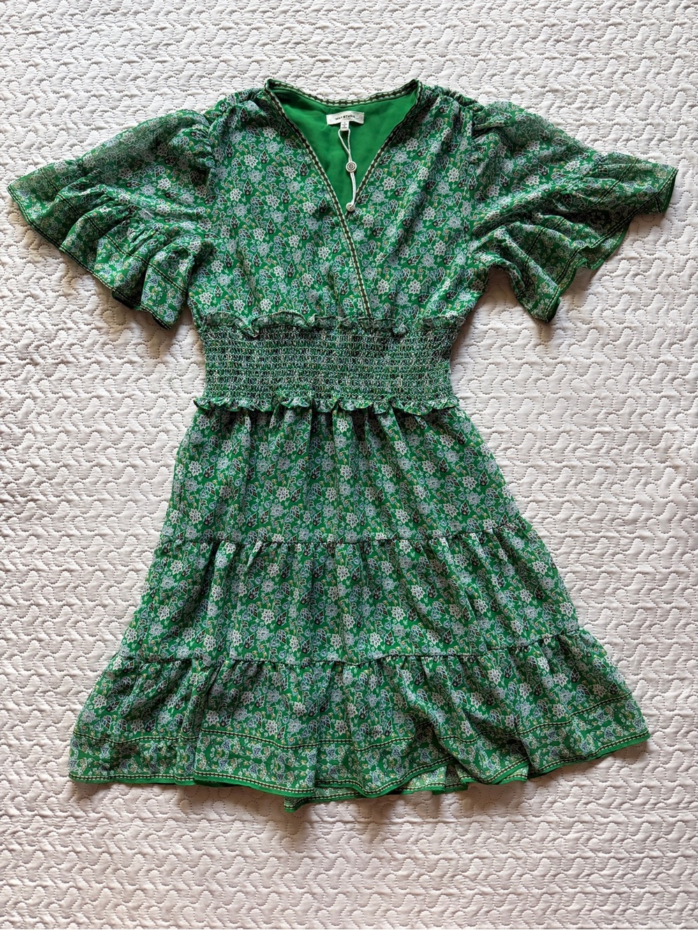 Max Studio Green Floral Smocked Waist Dress Size Small